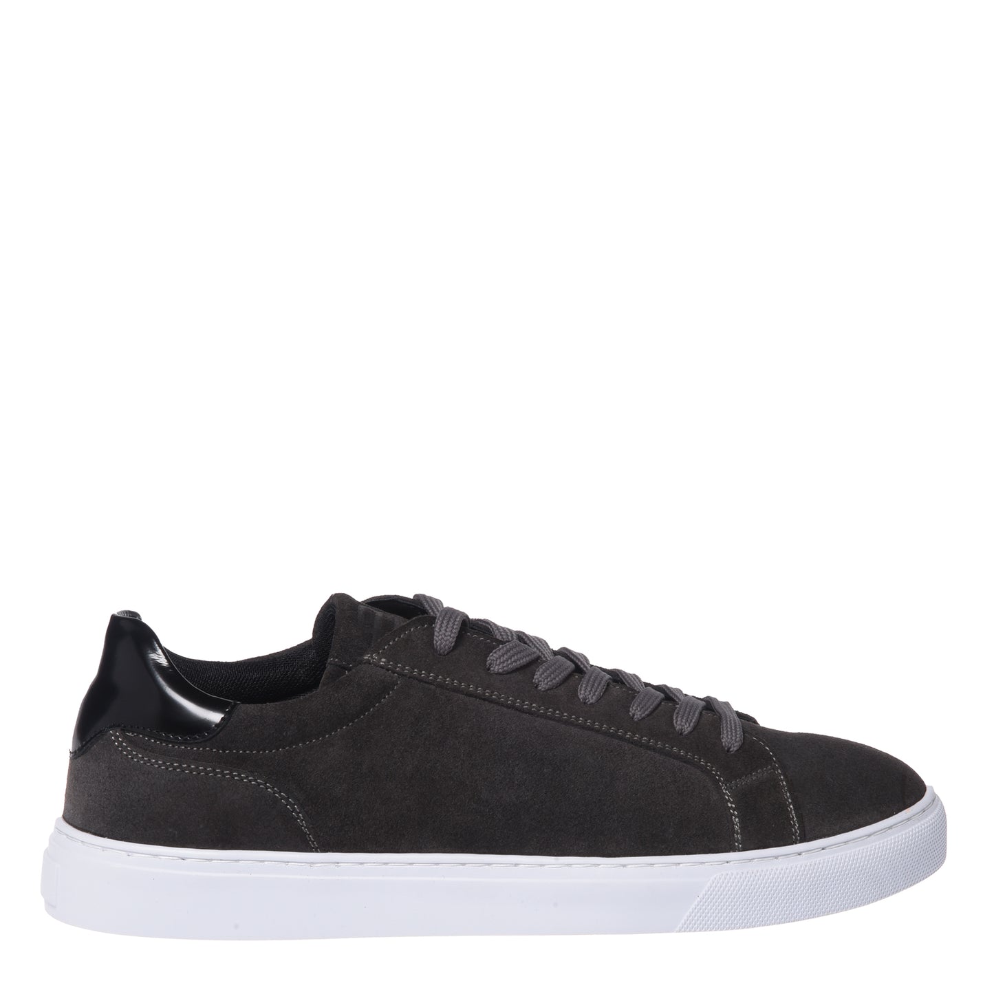 Sneakers in gray suede and smooth, shiny black leather