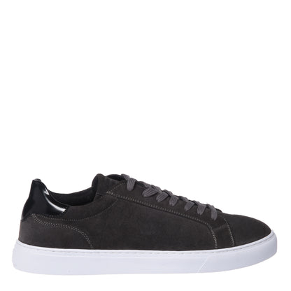 Sneakers in gray suede and smooth, shiny black leather