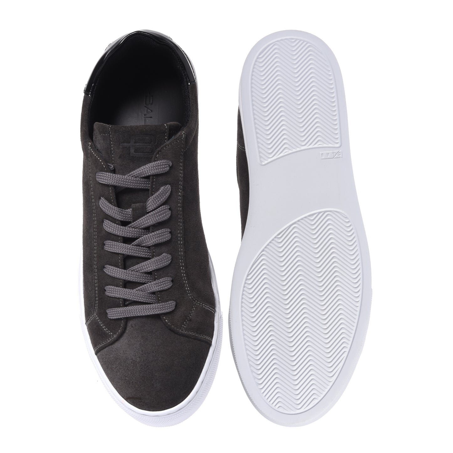 Sneakers in gray suede and smooth, shiny black leather