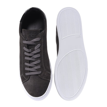 Sneakers in gray suede and smooth, shiny black leather