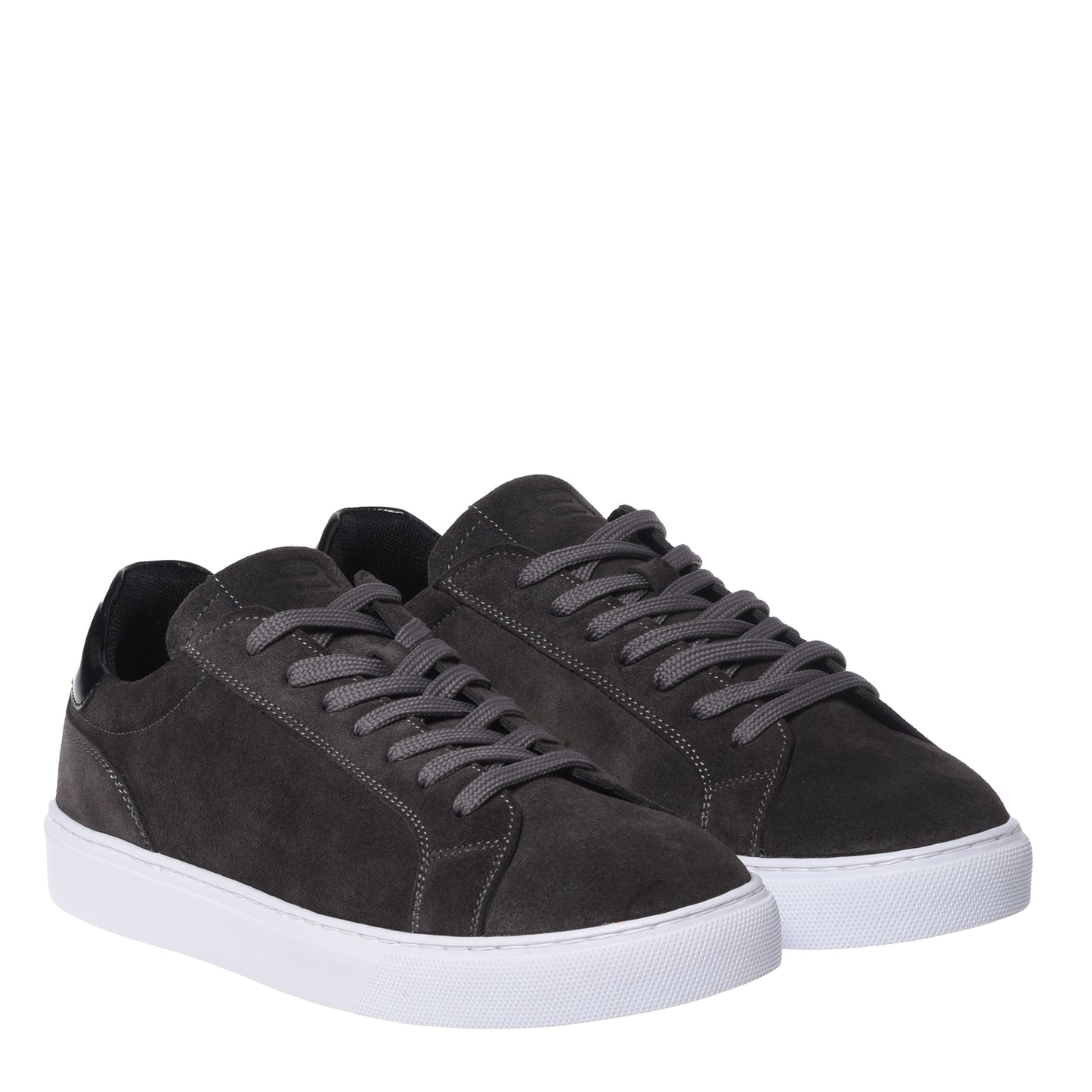 Sneakers in gray suede and smooth, shiny black leather