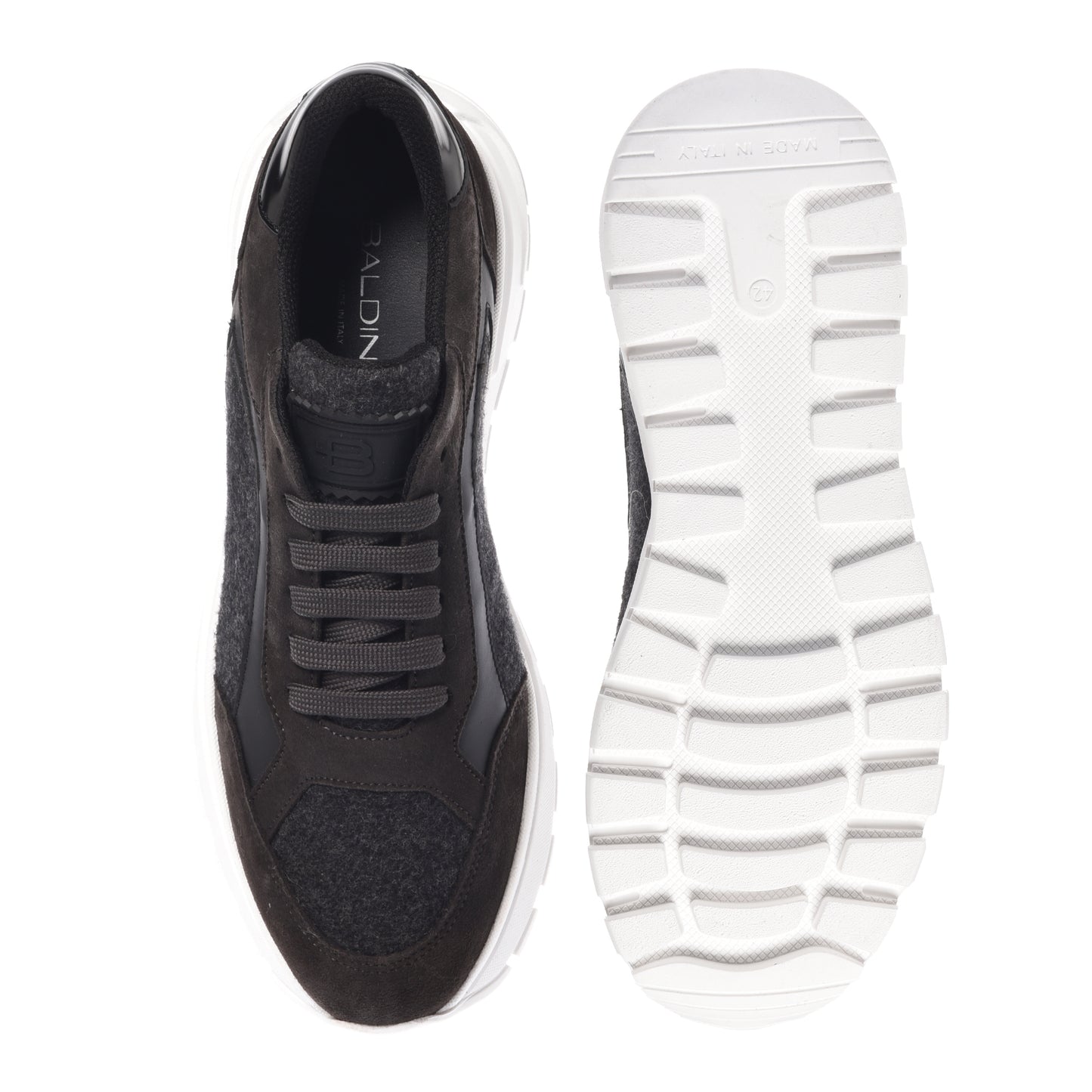 Sneakers in pelle scamosciata e tessuto di lana grigio scuro