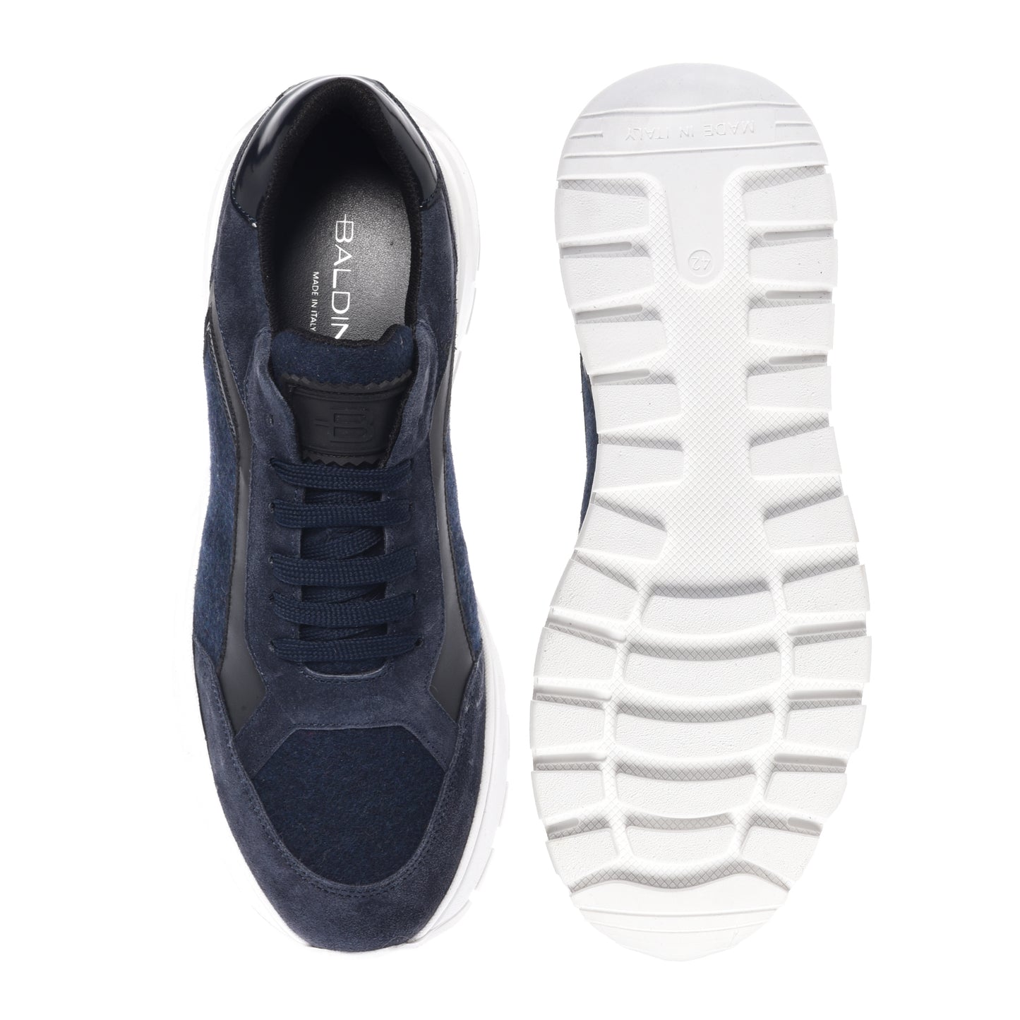 Sneakers in pelle scamosciata e tessuto di lana blu scuro