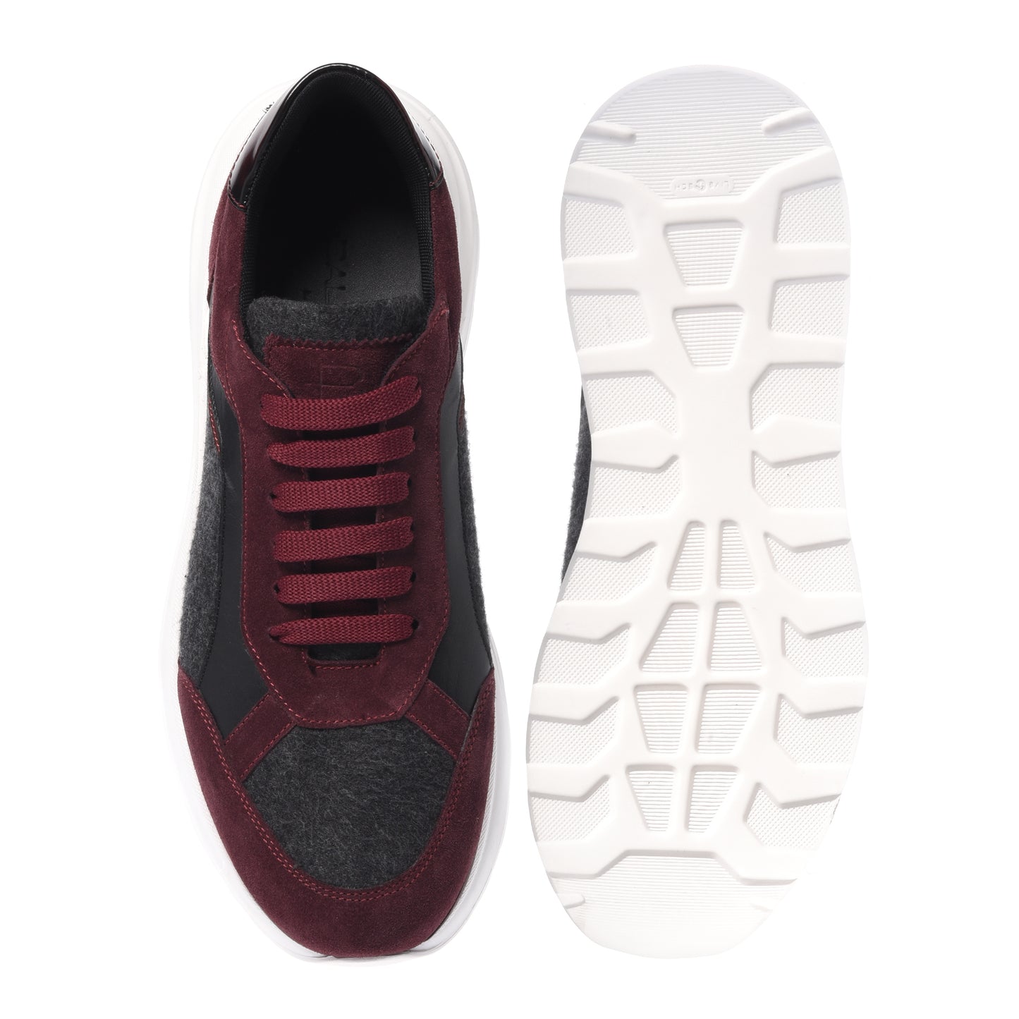 Sneakers in pelle scamosciata bordeaux e lana grigia