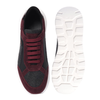 Sneakers in pelle scamosciata bordeaux e lana grigia