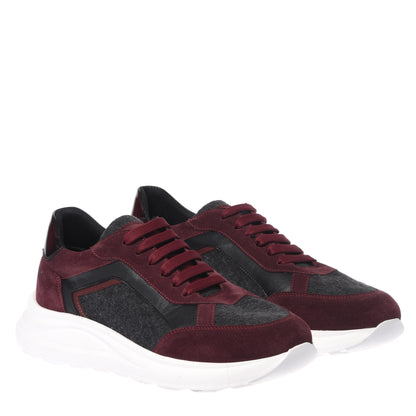 Sneakers in pelle scamosciata bordeaux e lana grigia