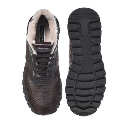 Sneakers in pelle scamosciata e nylon marrone scuro