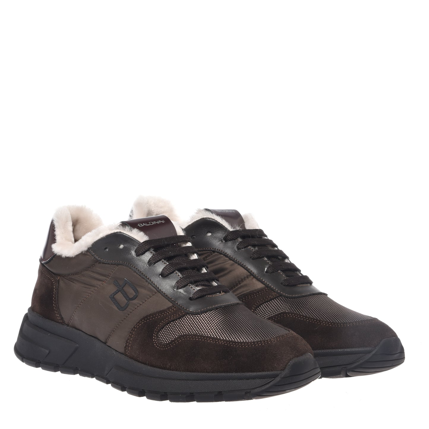 Sneakers in pelle scamosciata e nylon marrone scuro