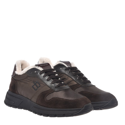 Sneakers in pelle scamosciata e nylon marrone scuro
