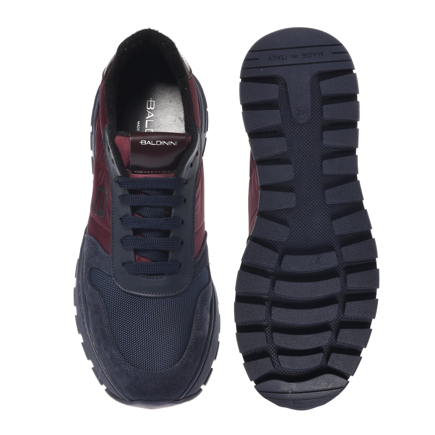 Sneakers in pelle scamosciata blu e nylon bordeaux