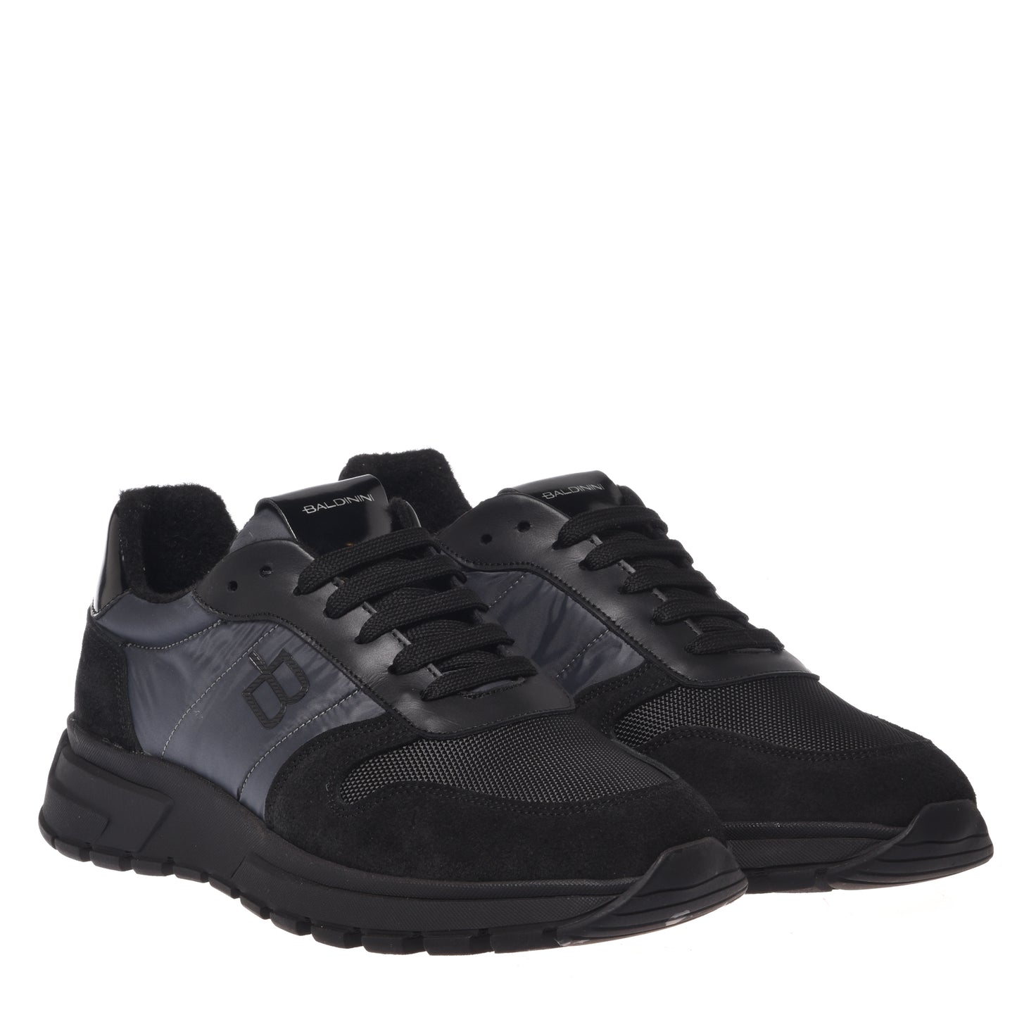 Sneakers in pelle scamosciata nera e nylon grigio