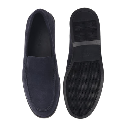 blue suede slip-ons