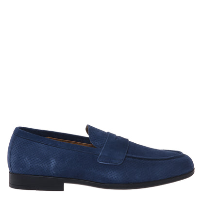 Blue perforated suede leather loafer