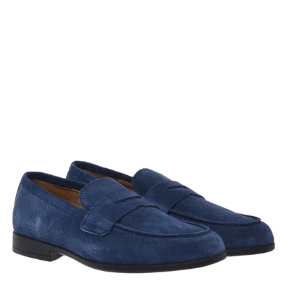 Blue perforated suede leather loafer