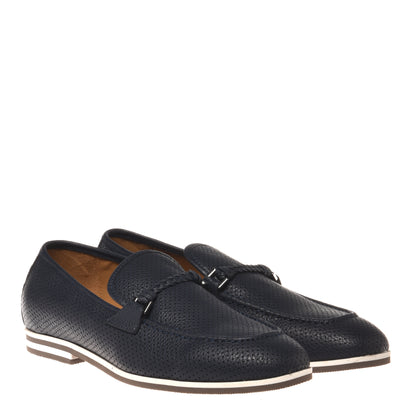 Blue perforated tumbled leather loafer