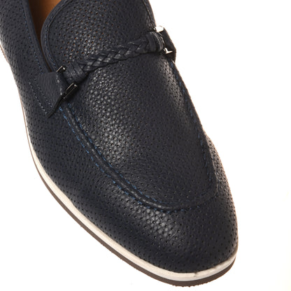 Blue perforated tumbled leather loafer