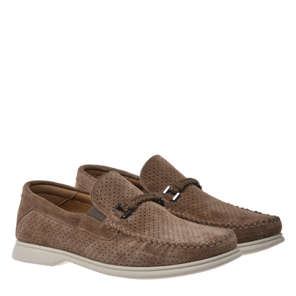 Taupe perforated suede leather loafer