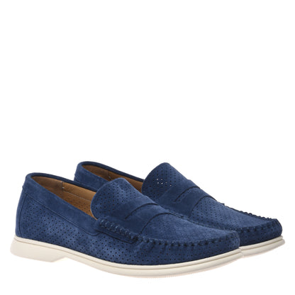 Blue perforated suede leather loafer
