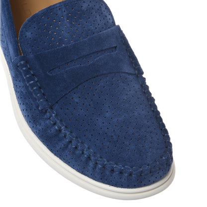Blue perforated suede leather loafer