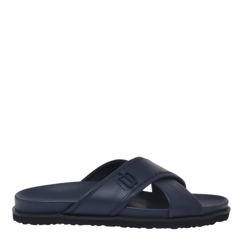 Mule en cuir bleu grainé et lisse