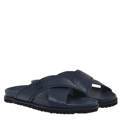 Grained and smooth blue leather mule