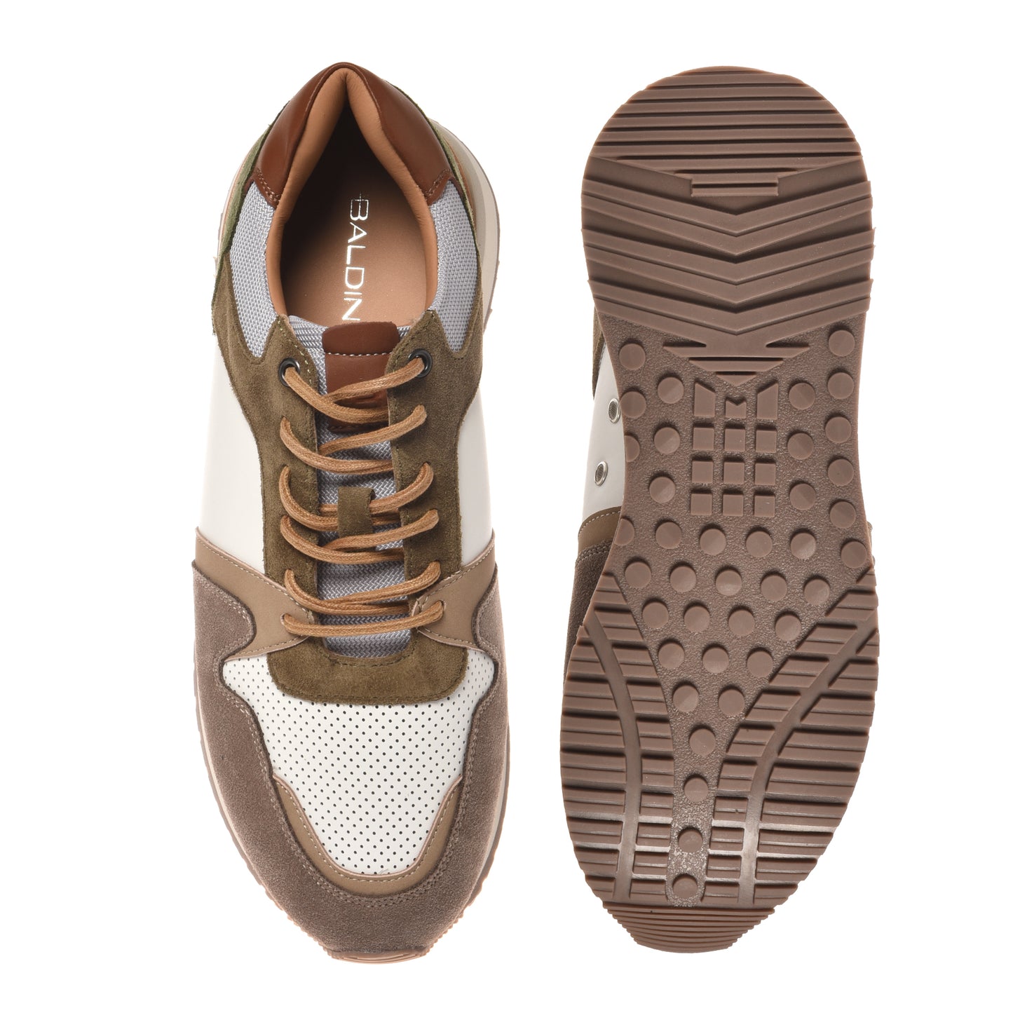 Taupe perforated leather and suede sneakers
