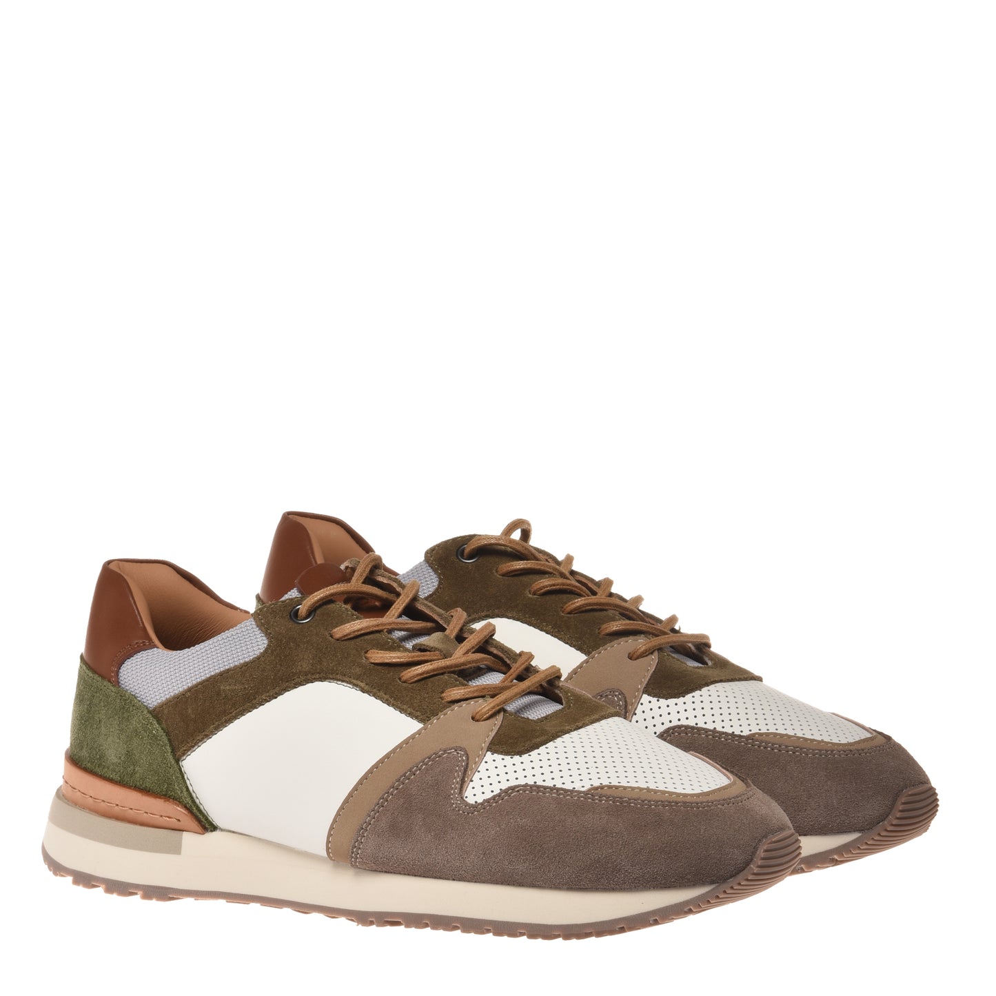Taupe perforated leather and suede sneakers