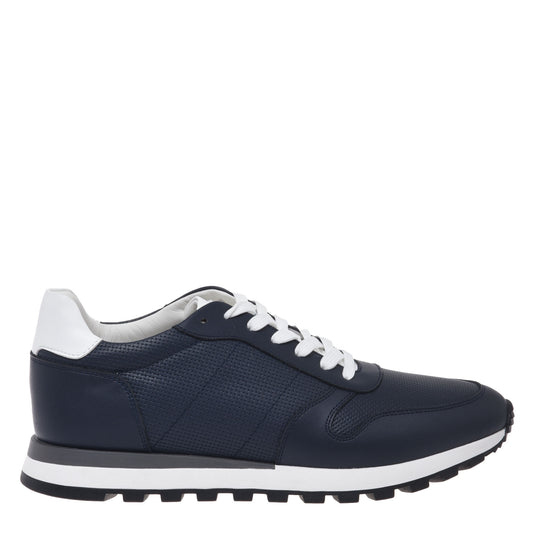 Blue leather sneaker with braided effect print