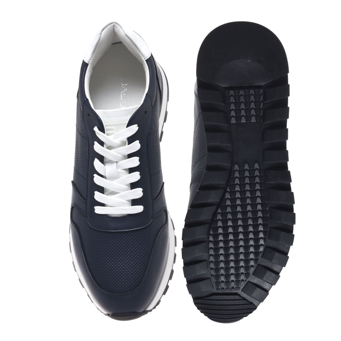 Blue leather sneaker with braided effect print