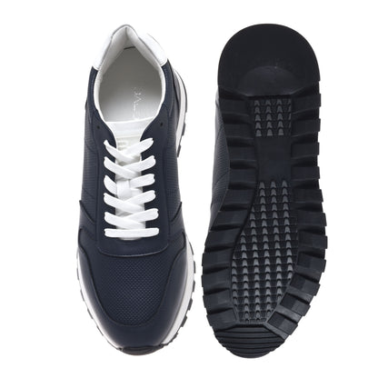Blue leather sneaker with braided effect print