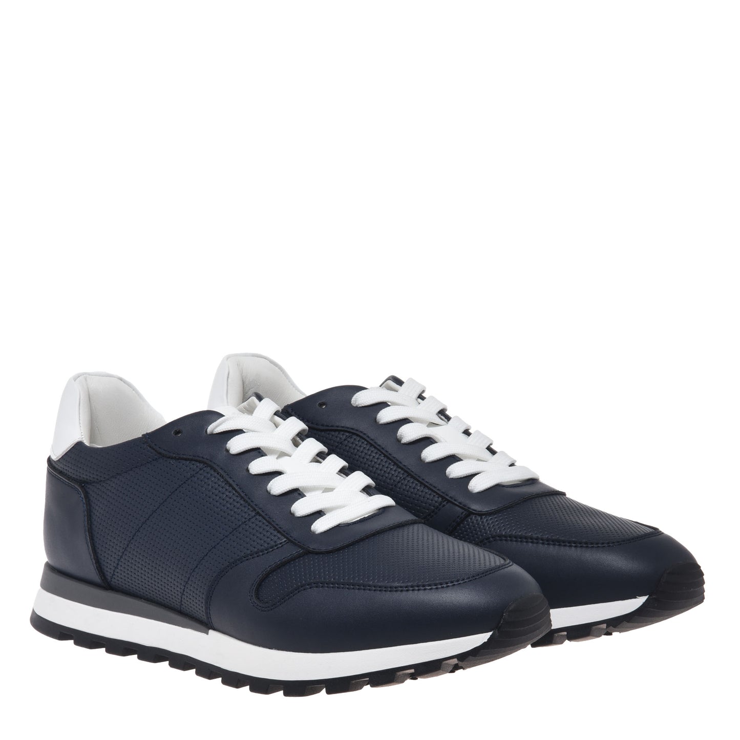 Blue leather sneaker with braided effect print