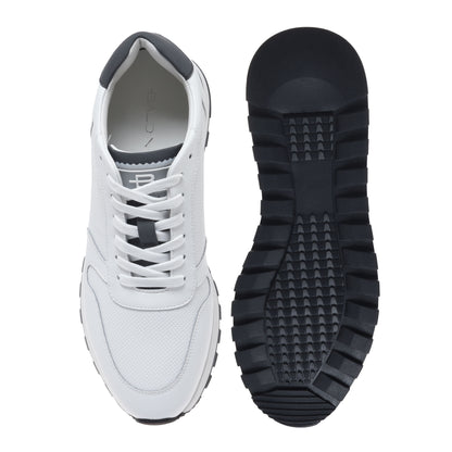 White leather sneaker with woven-effect print