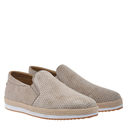 Perforated beige suede slip-ons