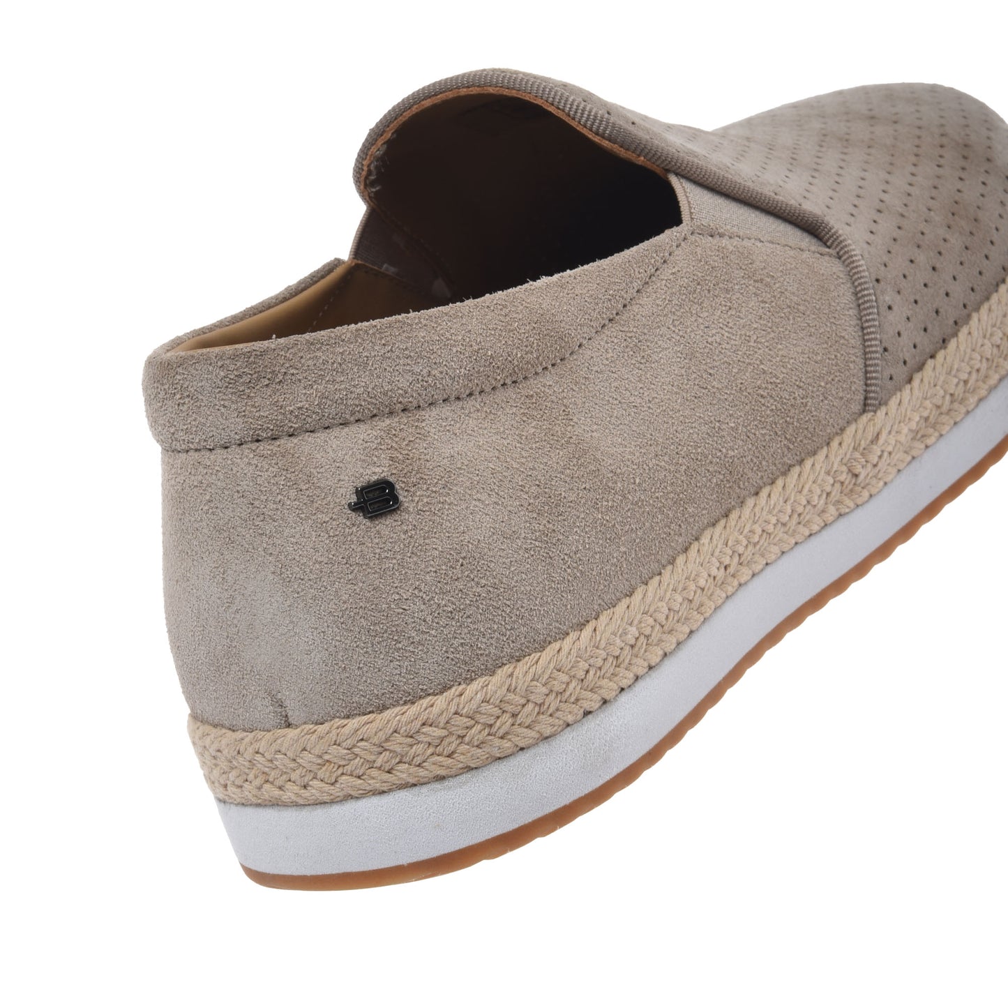 Perforated beige suede slip-ons