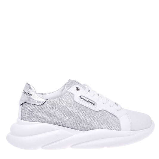 Sneakers in pelle di vitello e tessuto argento