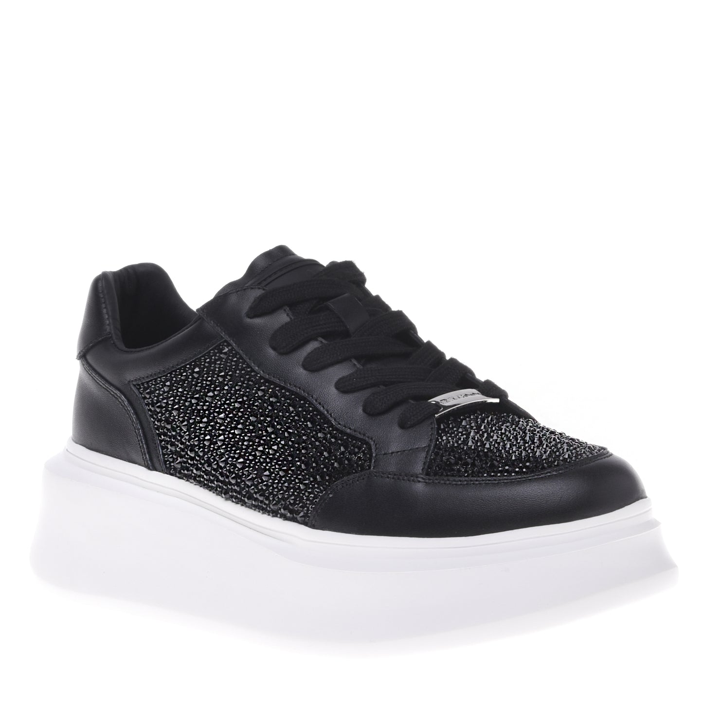 Sneakers noires en cuir de veau avec strass