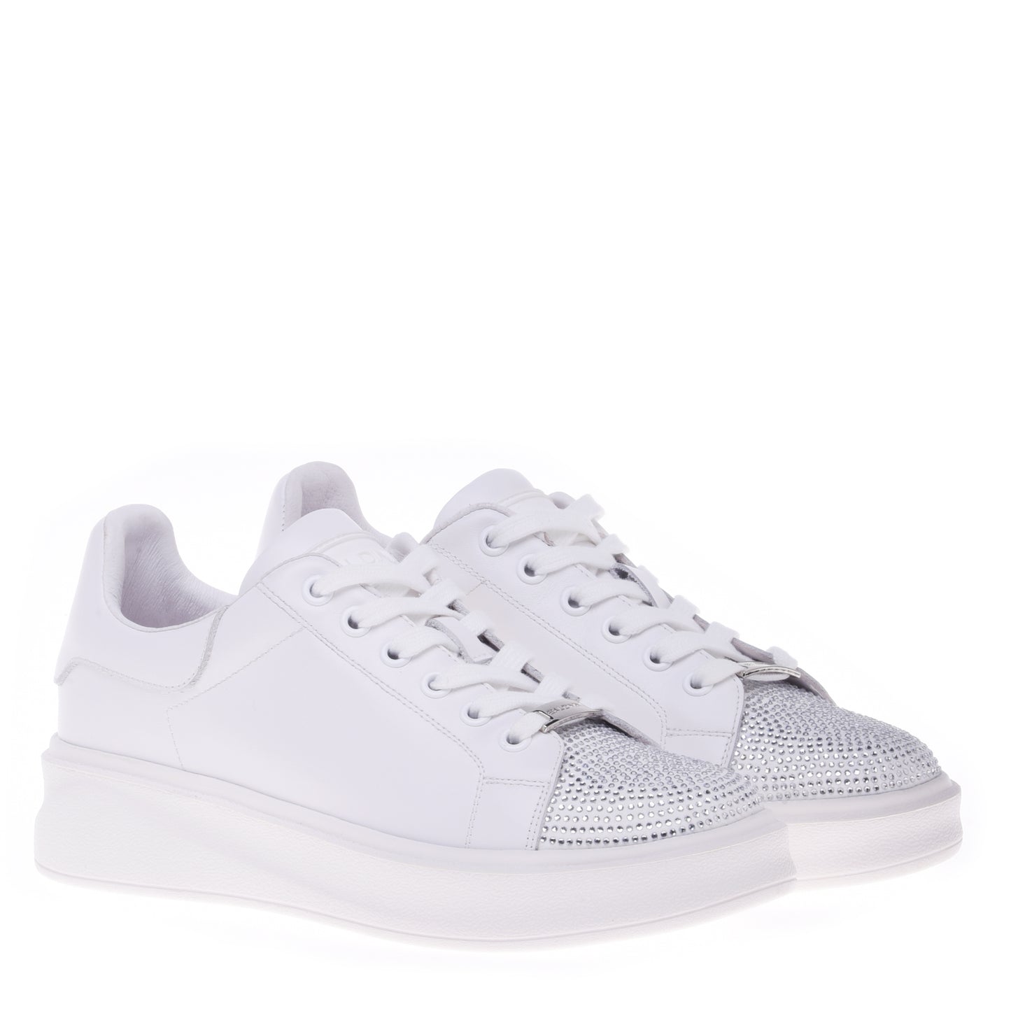 Sneakers blanches en cuir de veau avec strass