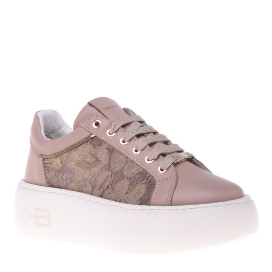 Sneakers nude en cuir nappa et dentelle