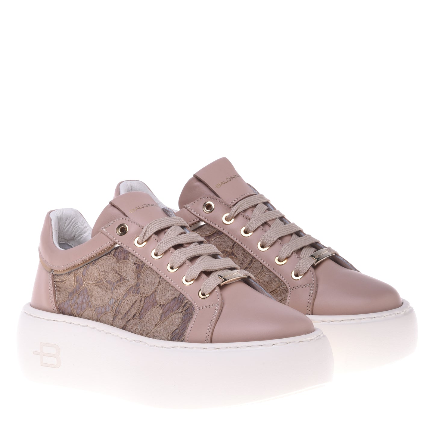 Sneakers nude en cuir nappa et dentelle