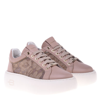 Sneakers nude en cuir nappa et dentelle